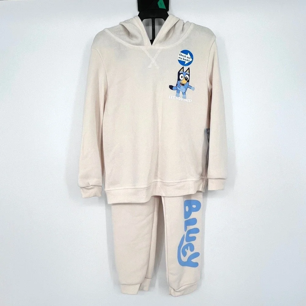 Bluey Jogger Set Kids 5T Cream Hooded Sweatshirt‎ Pants 2pc Heeler Family NEW